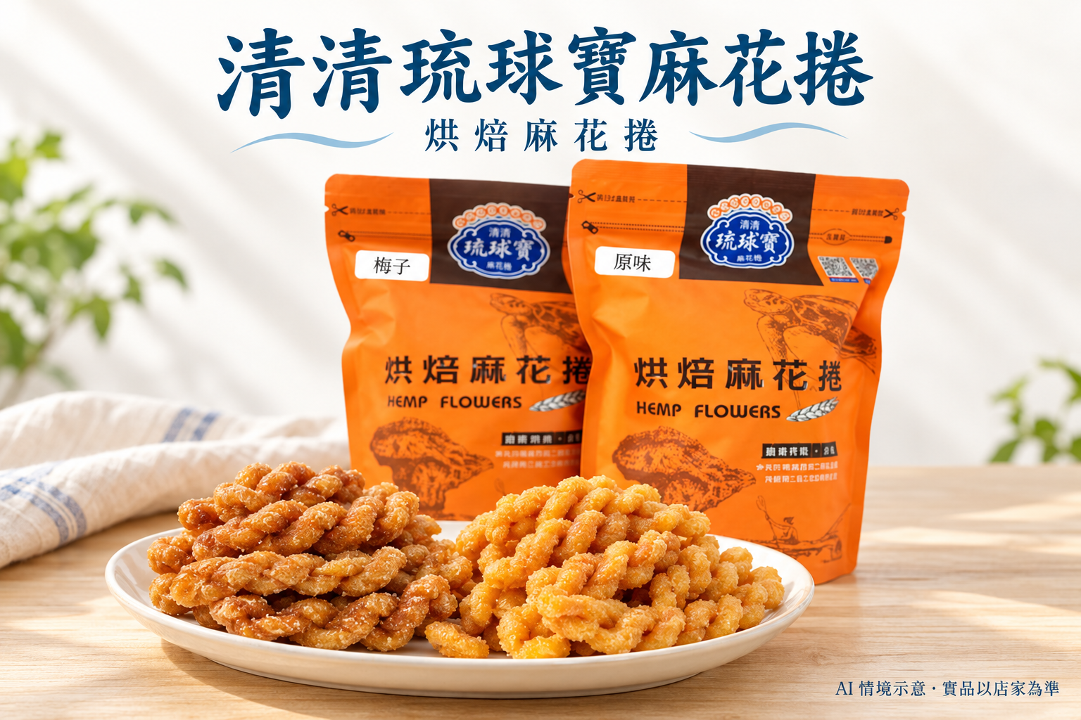 小琉球清清琉球寶麻花捲產品與口味包裝展示